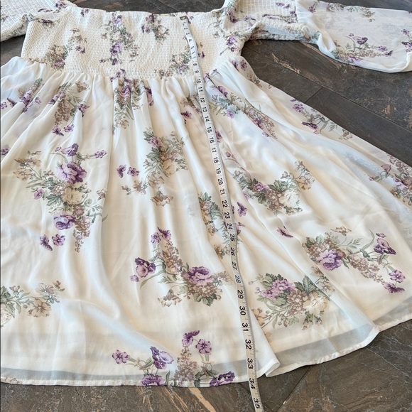Torrid ivory and purple floral smocked chiffon off-the-shoulder dress - Picture 14 of 15